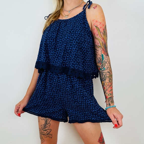 Aerie Blue Printed Tie Shoulder Romper Boho - Picture 4 of 7